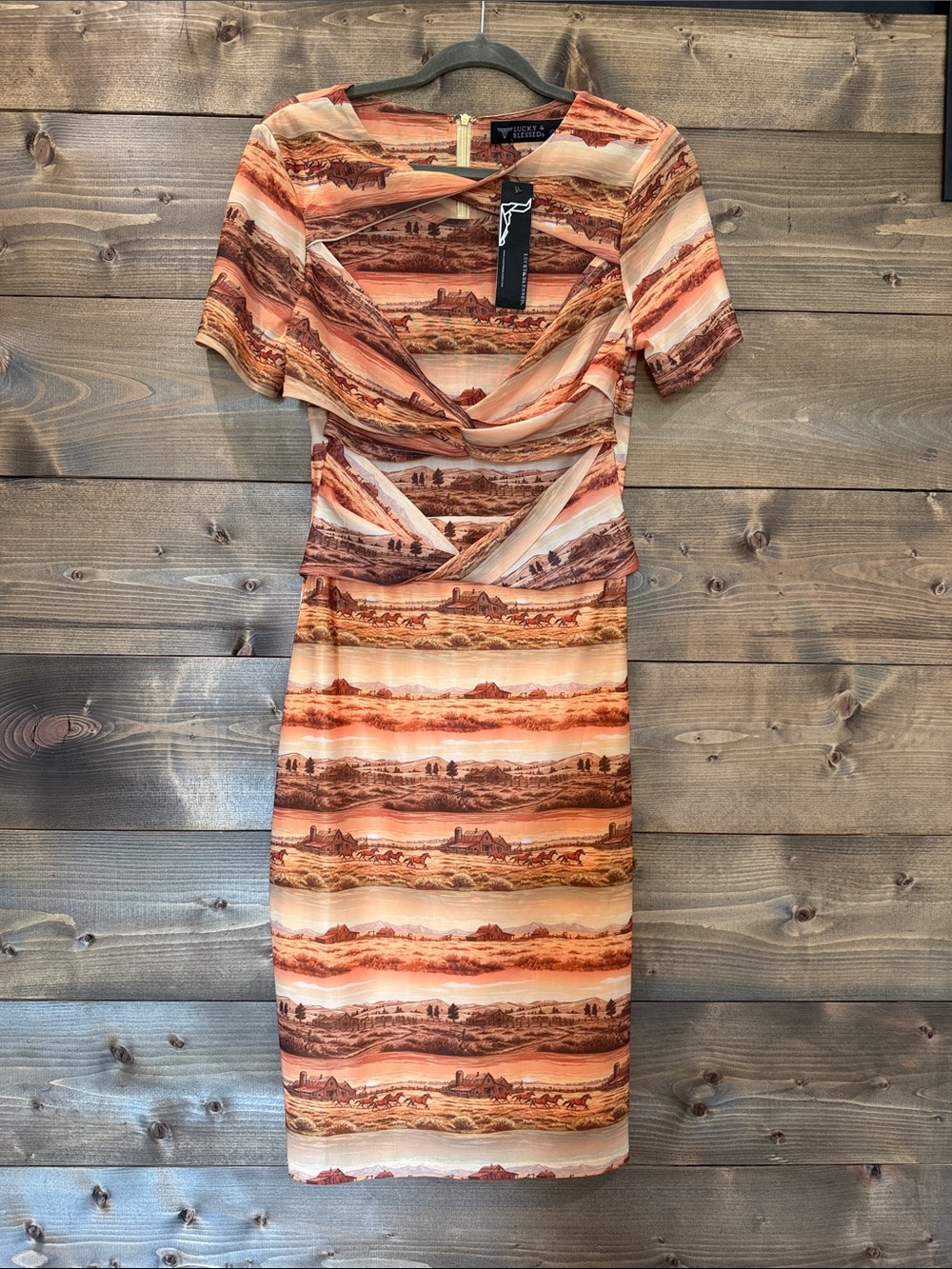 Lucky & Blessed Rust and Cream Scenic Stripe Midi Dress